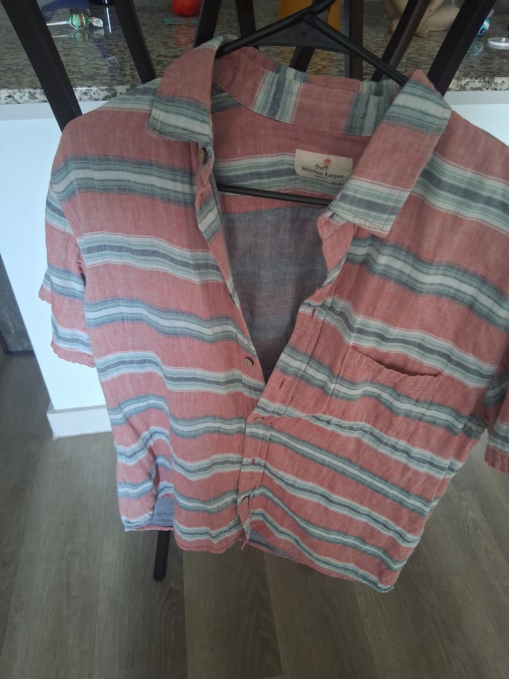 Marine Layer Short-Sleeve Striped Button-Down in Coral and Gray-Green